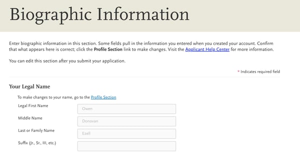 screenshot of AACOMAS application for DO applicants, biographic information fields