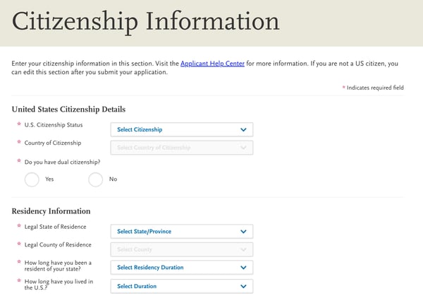 screenshot of AACOMAS application for DO applicants, citizenship information fields