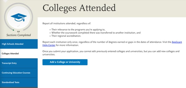 screenshot of AACOMAS application for DO applicants, colleges attended fields