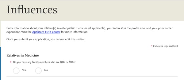 screenshot of AACOMAS application for DO applicants, influences fields