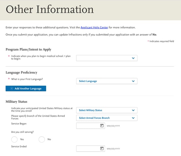 screenshot of AACOMAS application for DO applicants, other information fields