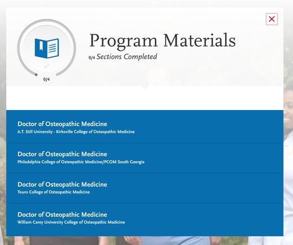 screenshot of AACOMAS application for DO applicants, program materials overview