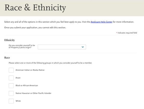 screenshot of AACOMAS application for DO applicants, race and ethnicity fields