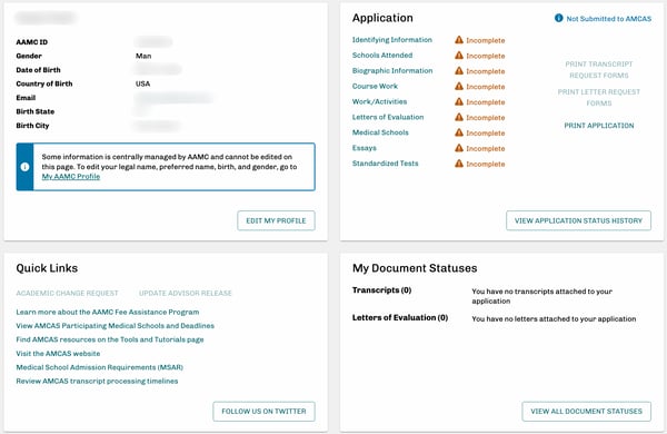 AMCAS 2024/25 application main menu before filling out