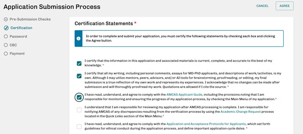 certification statements amcas 2024/25 screenshot
