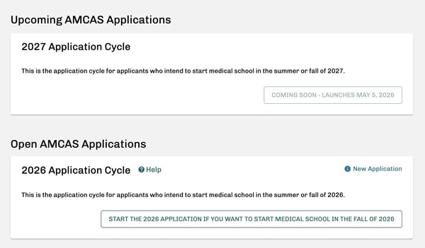 AMCAS application cycle selection screenshot