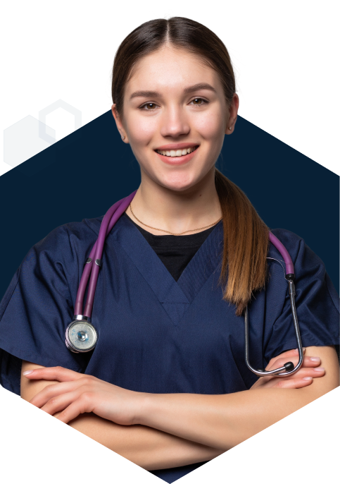 Medical student in dark blue scrubs.
