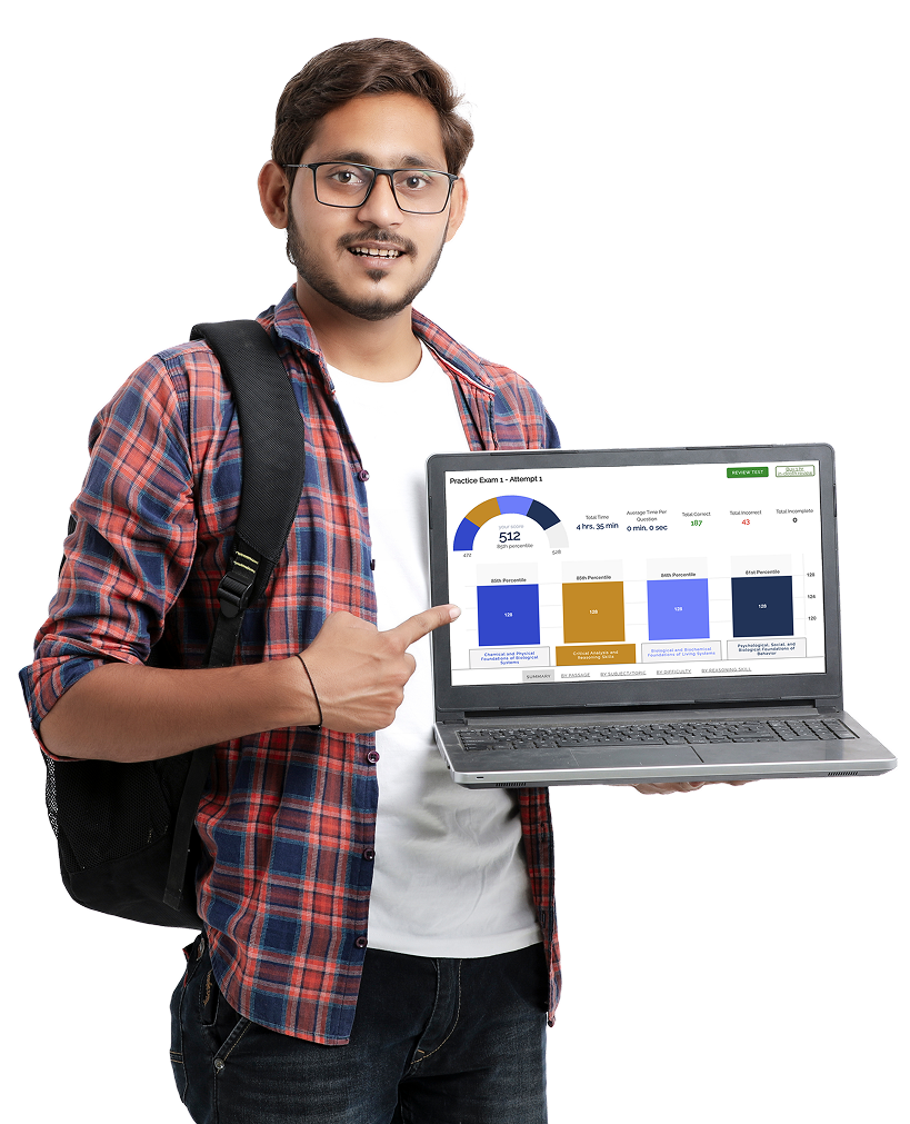 Student holding a laptop with MCAT Practice Exam stats