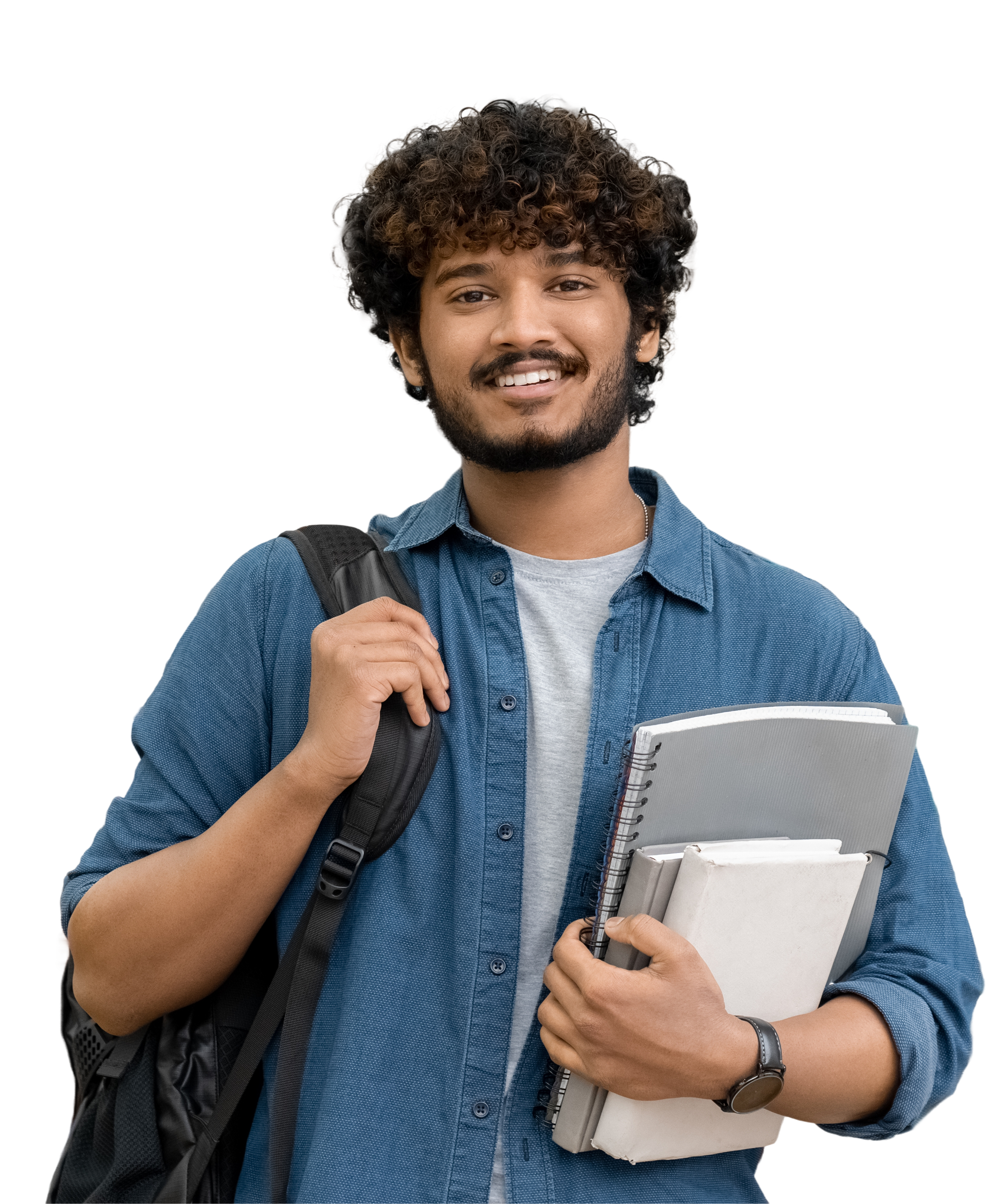 Student with blue shirt and backpack.
