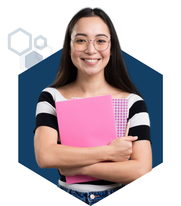 Student with striped shirt and pink notebook