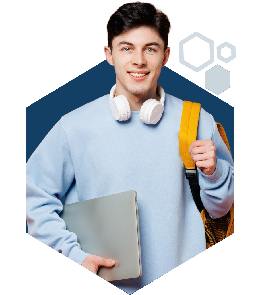 Student with blue sweatshirt and headphones