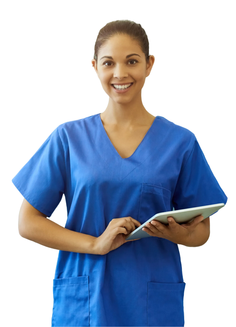 Woman in scrubs.
