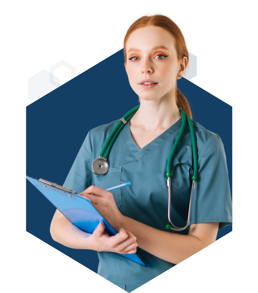 Medical school student holding a clipboard and wearing a stethoscope