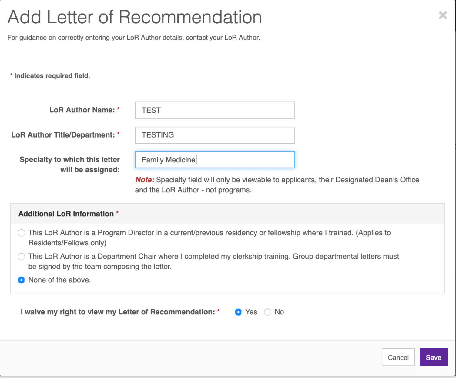 screenshot letter of recommendation entry form ERAS