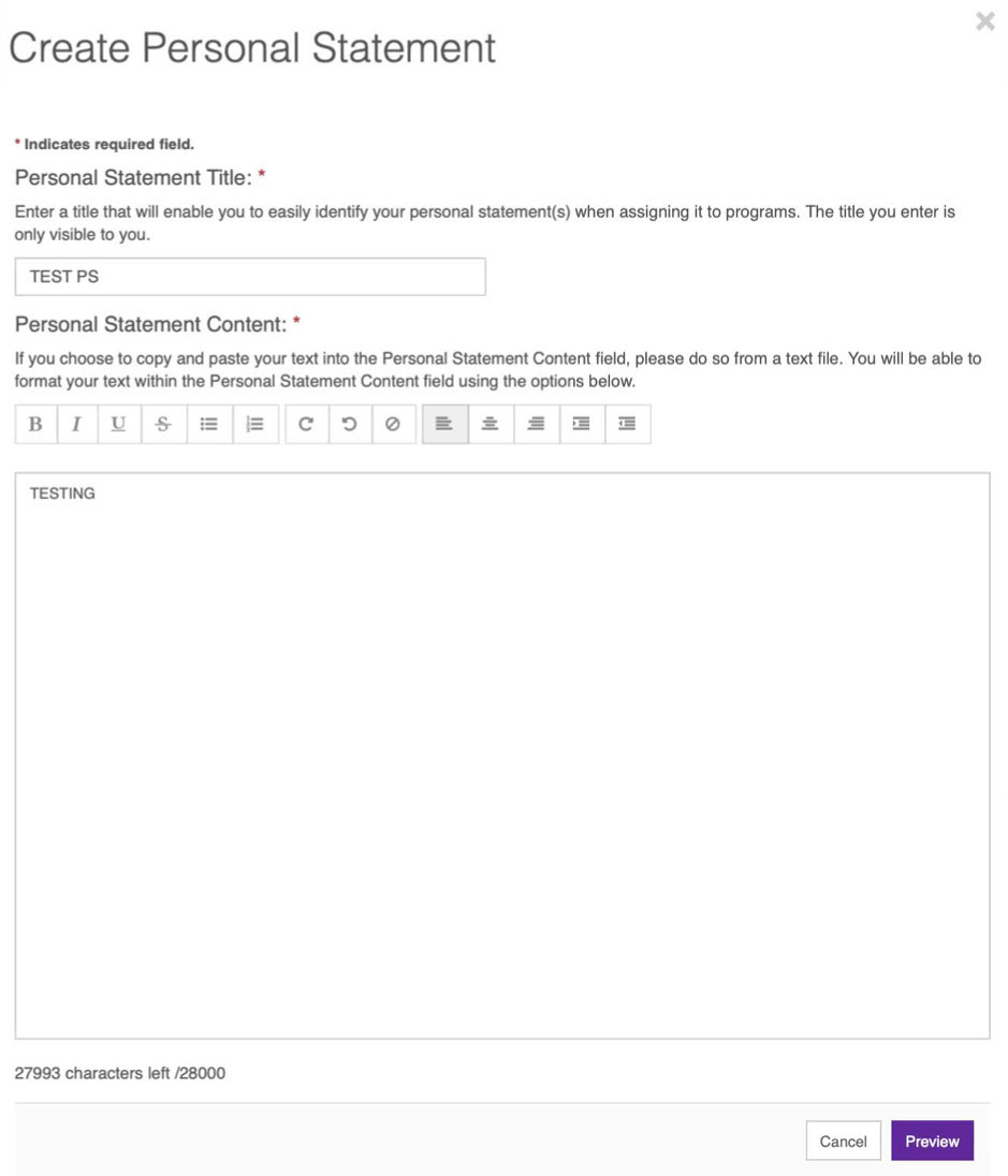 screenshot eras application personal statement fields