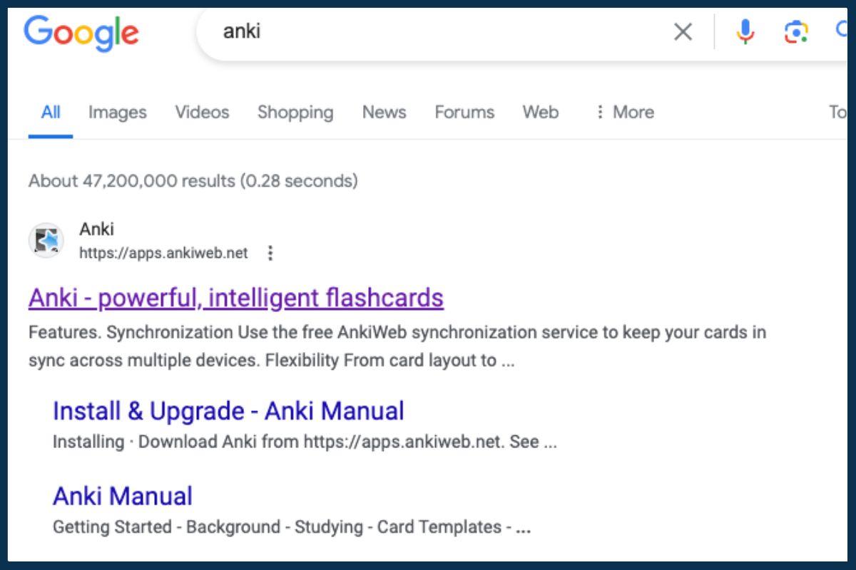 Anki set-up step 1: Search Anki on Google
