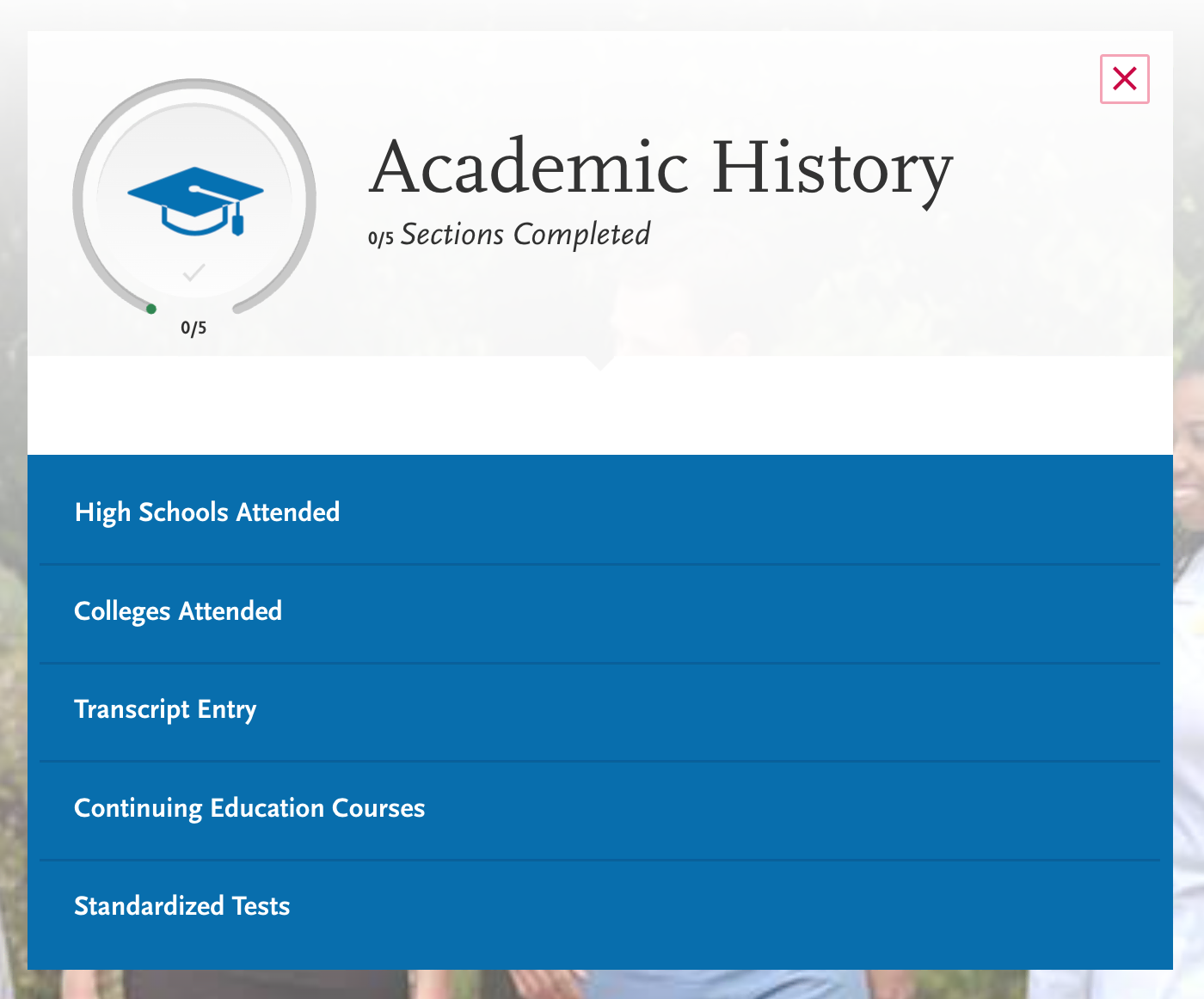 screenshot of AACOMAS application for DO applicants, academic history 5 sections