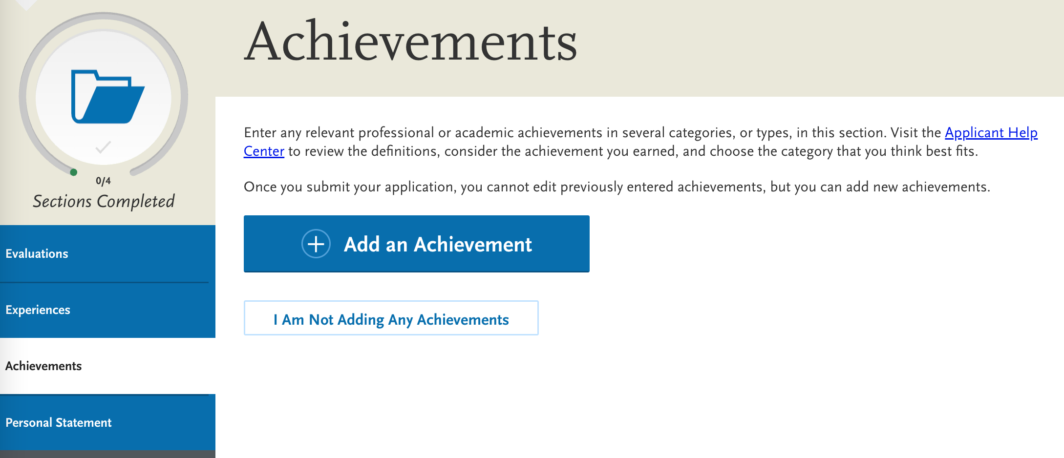 screenshot of AACOMAS application for DO applicants, achievements fields