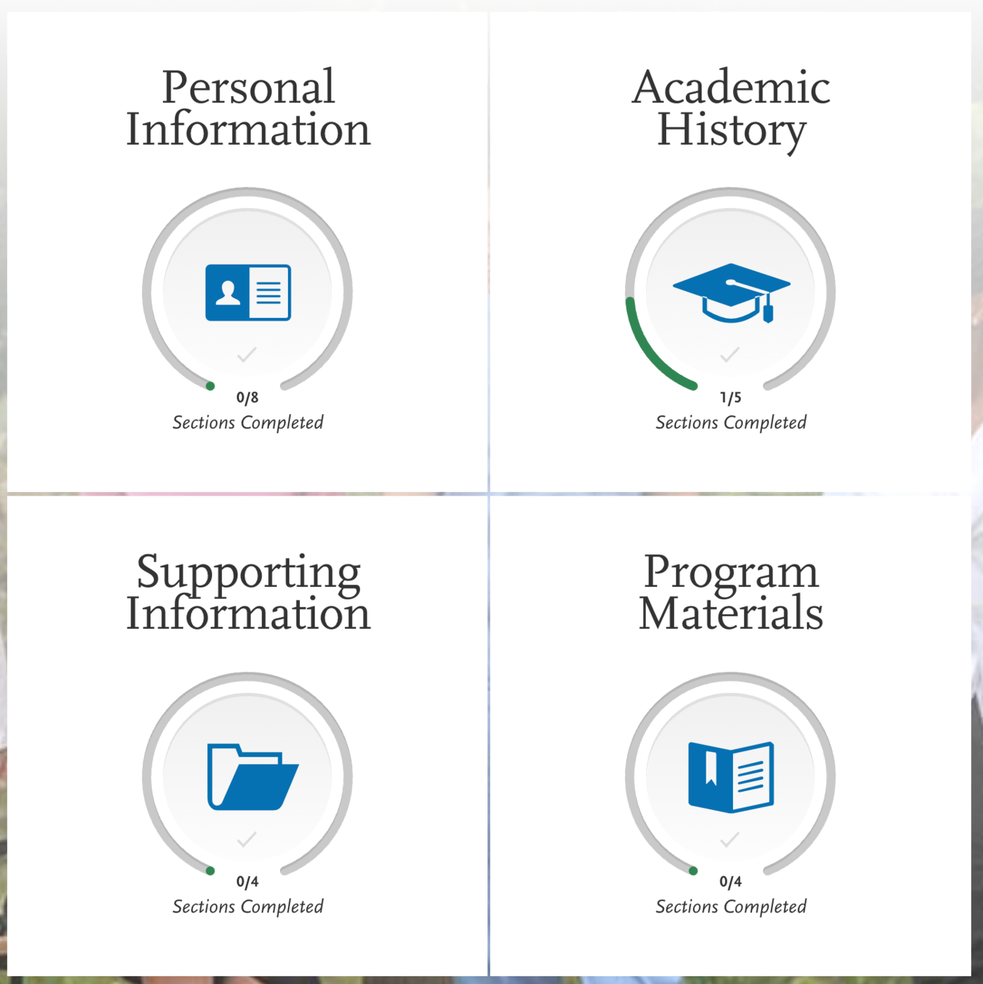 screenshot of AACOMAS application for DO applicants, four sections shown