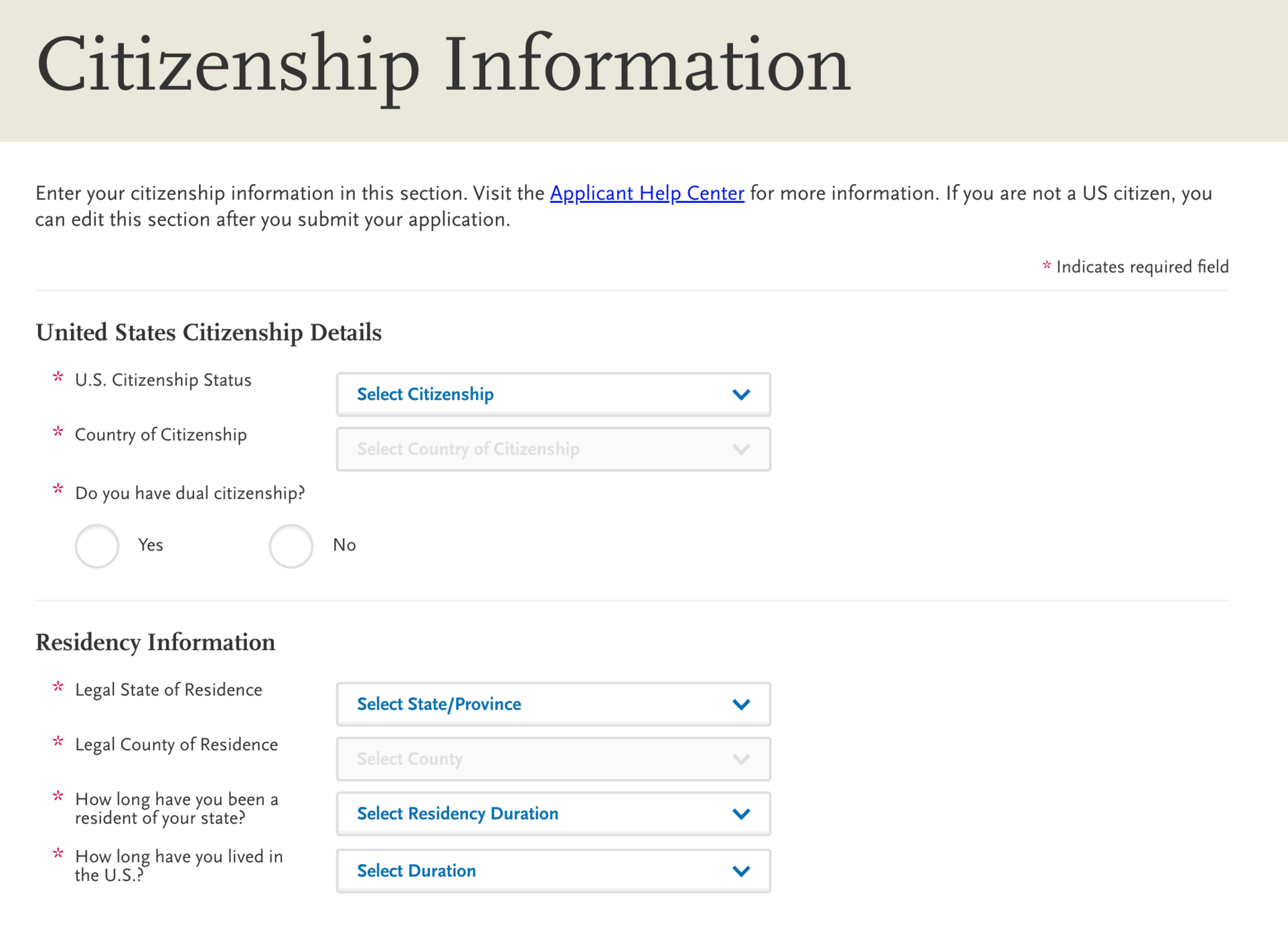 screenshot of AACOMAS application for DO applicants, citizenship information fields