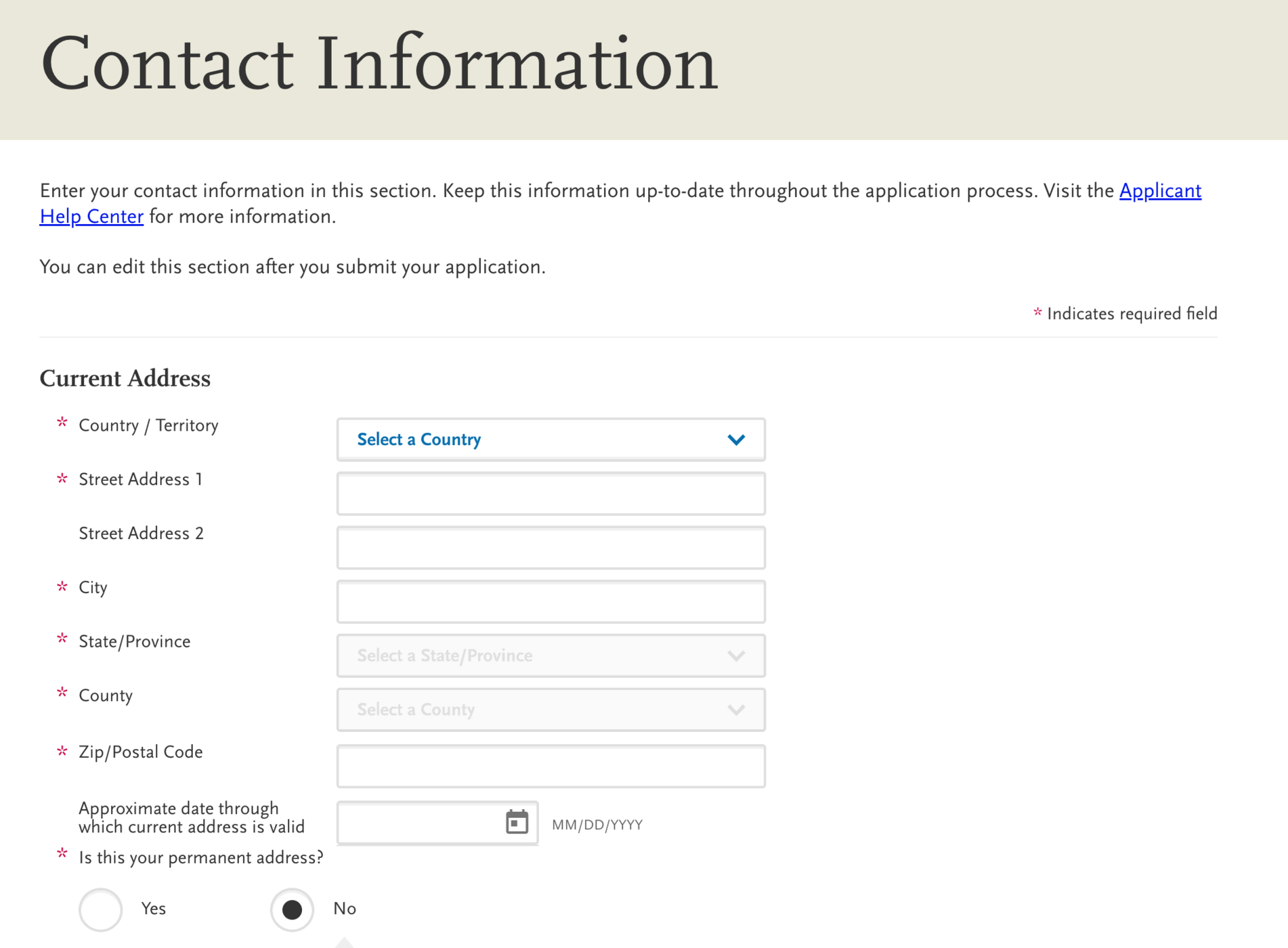 screenshot of AACOMAS application for DO applicants, contact information fields