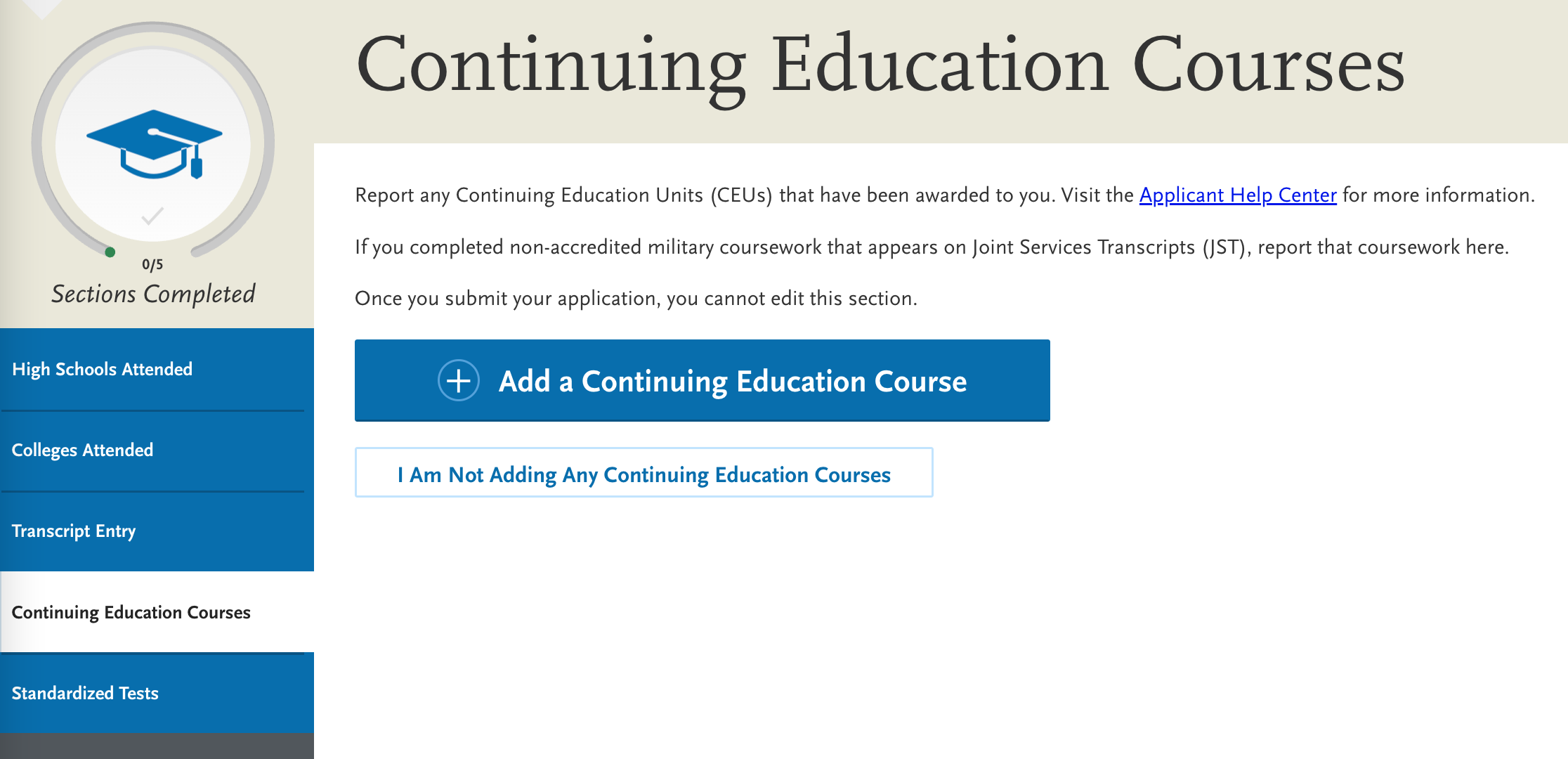 screenshot of AACOMAS application for DO applicants, continuing education courses fields