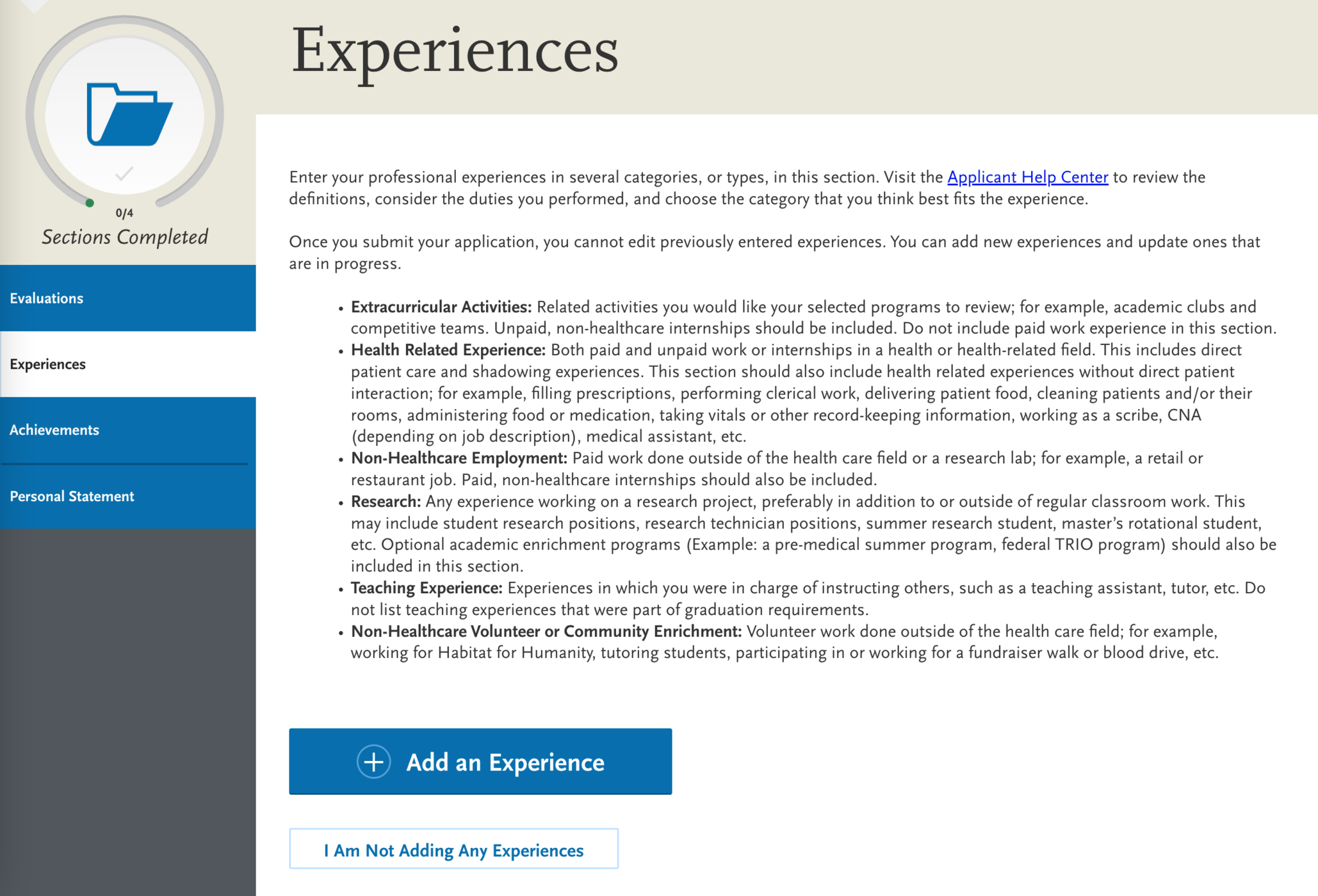 screenshot of AACOMAS application for DO applicants, experiences fields