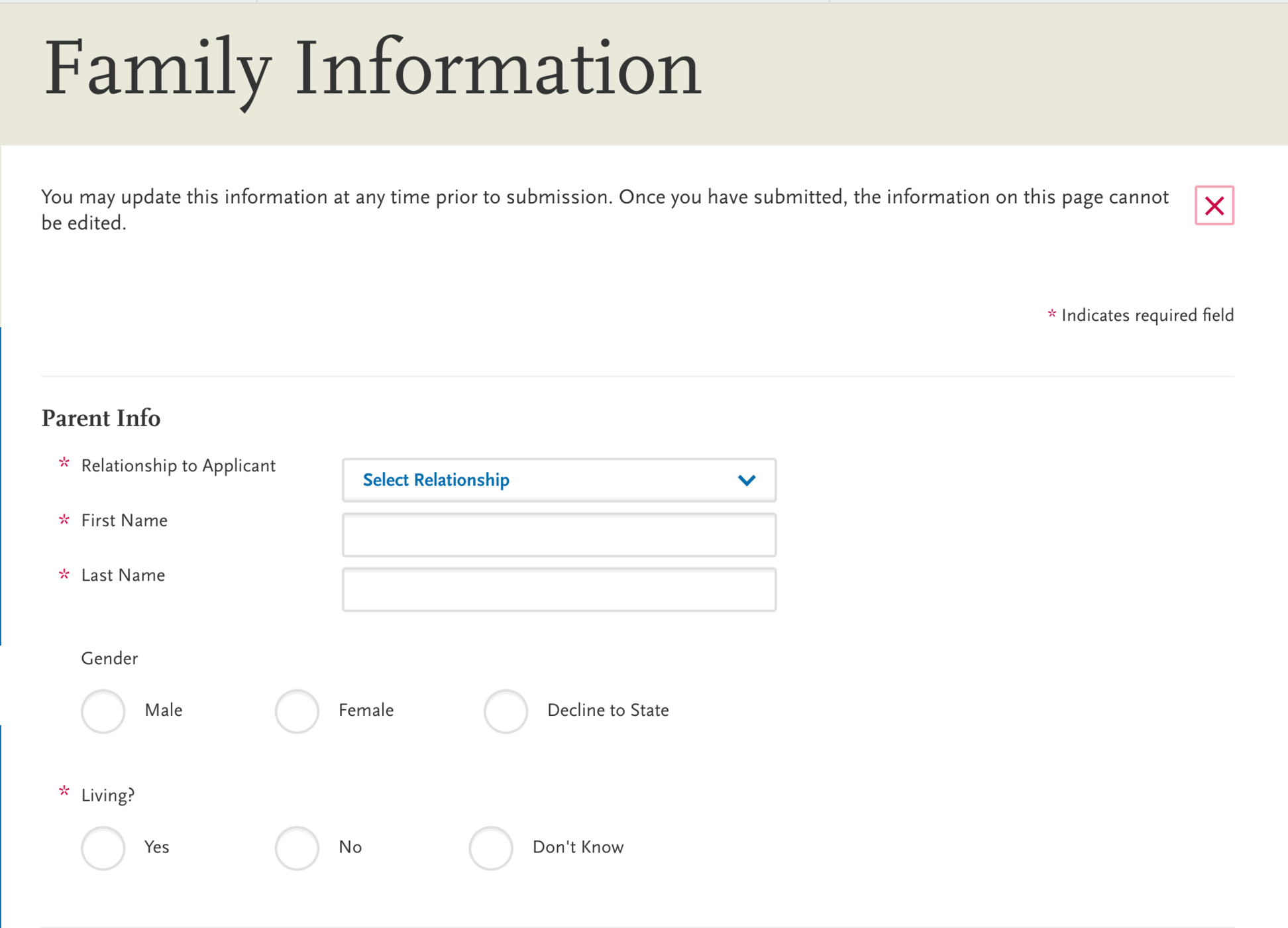 screenshot of AACOMAS application for DO applicants, family information fields