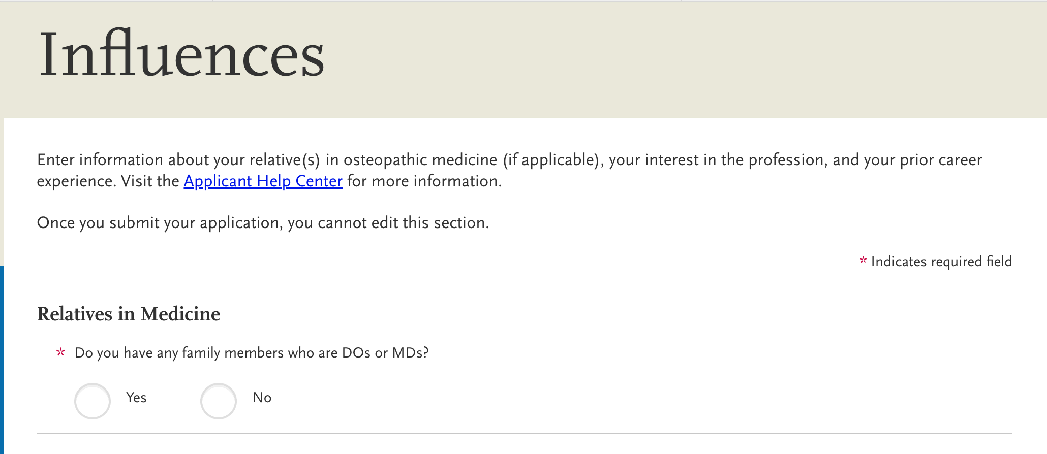 screenshot of AACOMAS application for DO applicants, influences fields