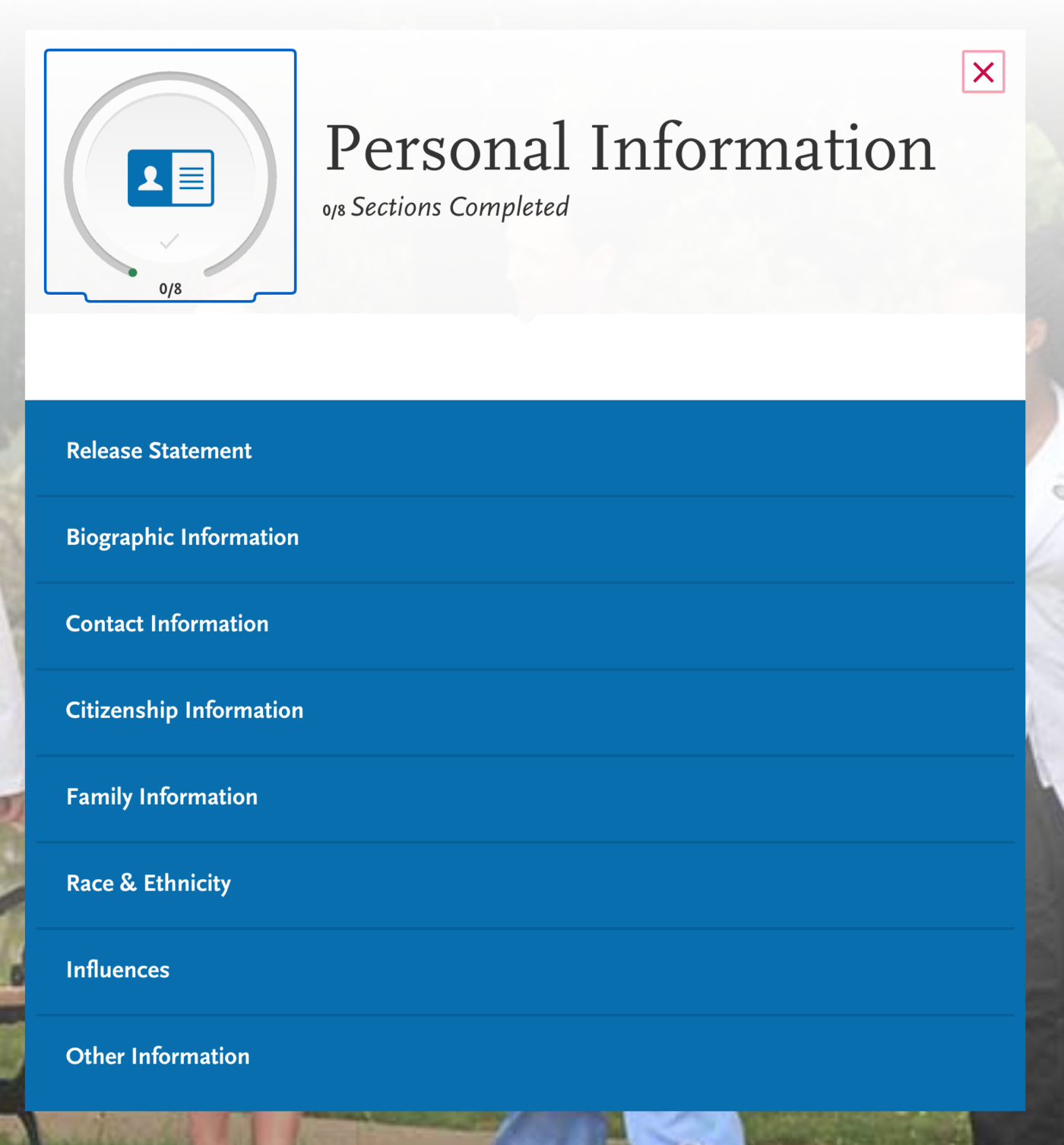 screenshot of AACOMAS application for DO applicants, personal information items