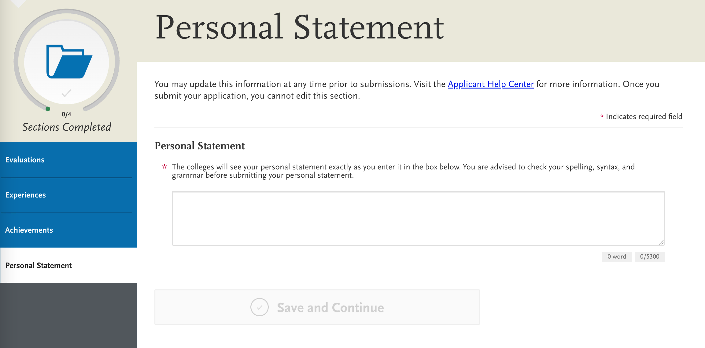 screenshot of AACOMAS application for DO applicants, personal statement field