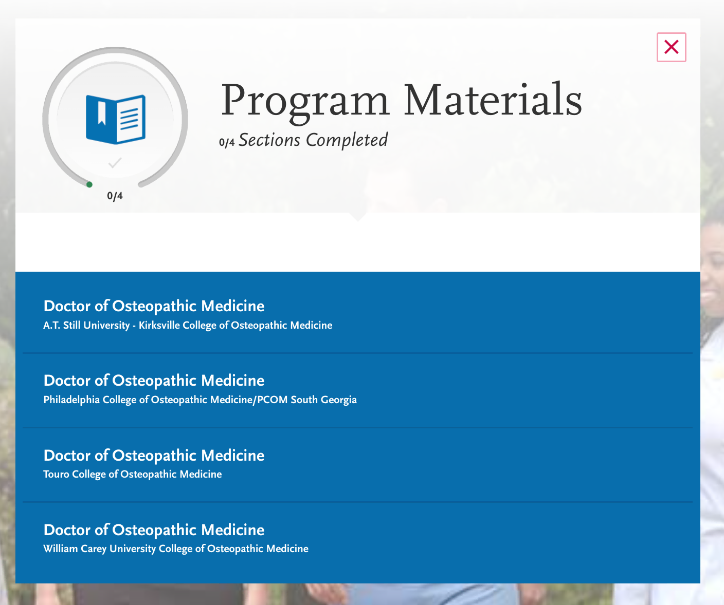 screenshot of AACOMAS application for DO applicants, program materials overview