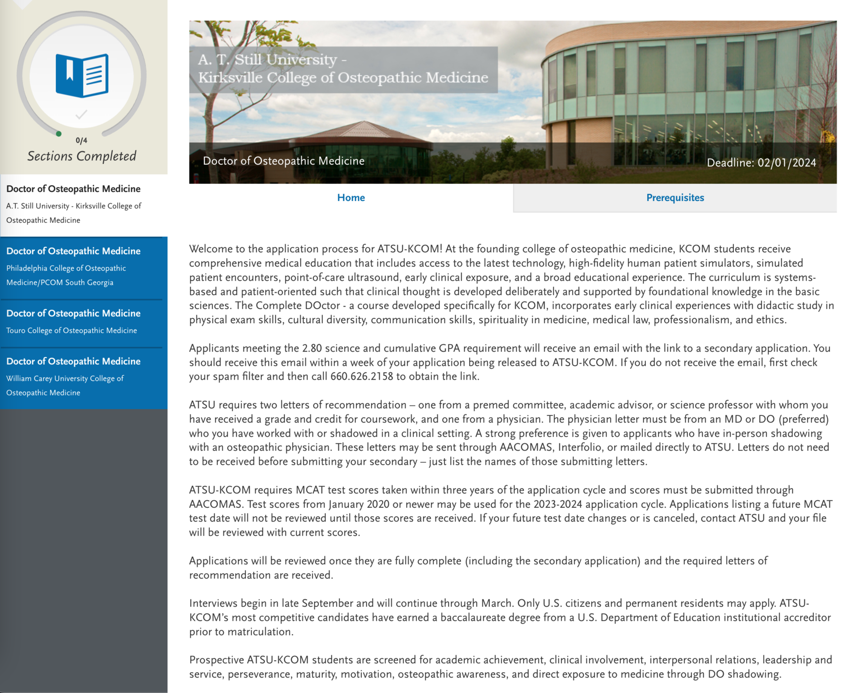 screenshot of AACOMAS application for DO applicants, individual program page example, AT Still University - Kirksville College of Osteopathic Medicine