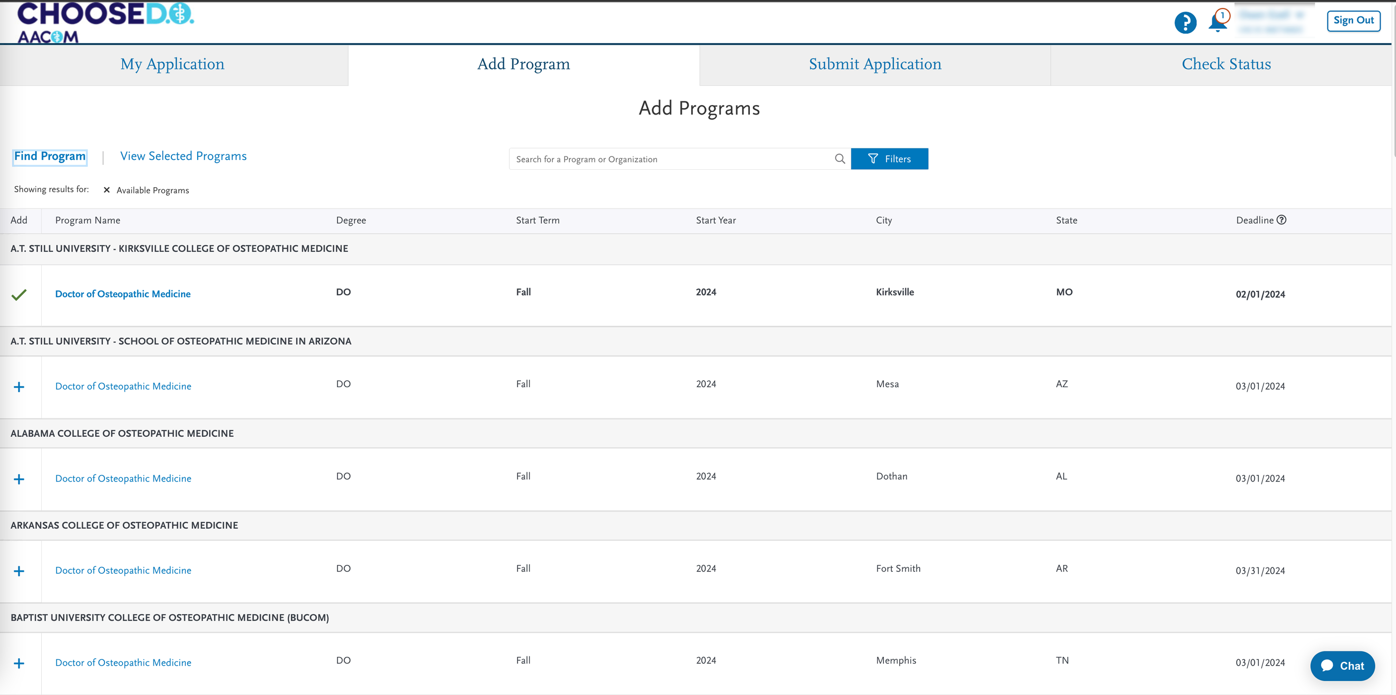 screenshot of AACOMAS application for DO applicants, add programs tool