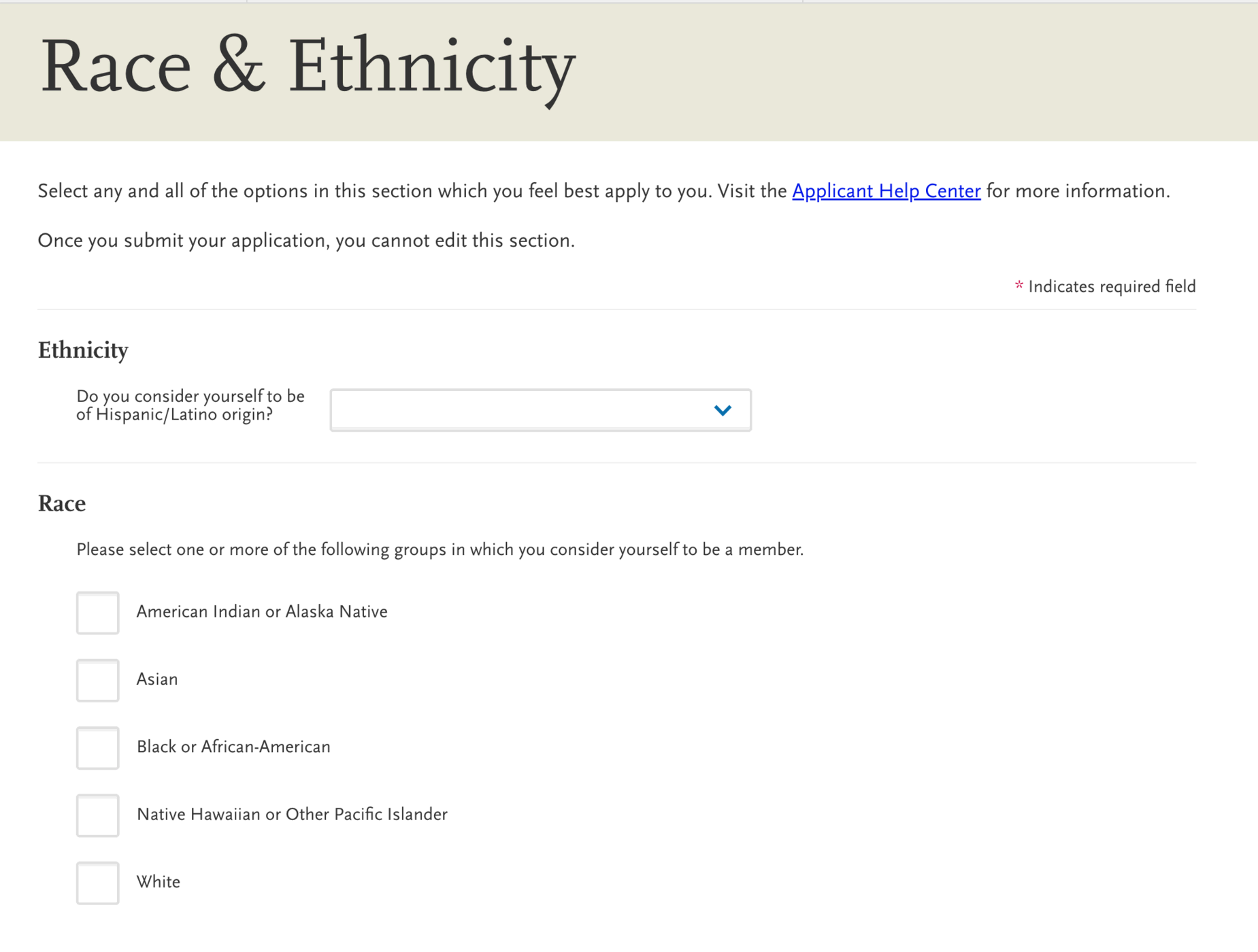 screenshot of AACOMAS application for DO applicants, race and ethnicity fields