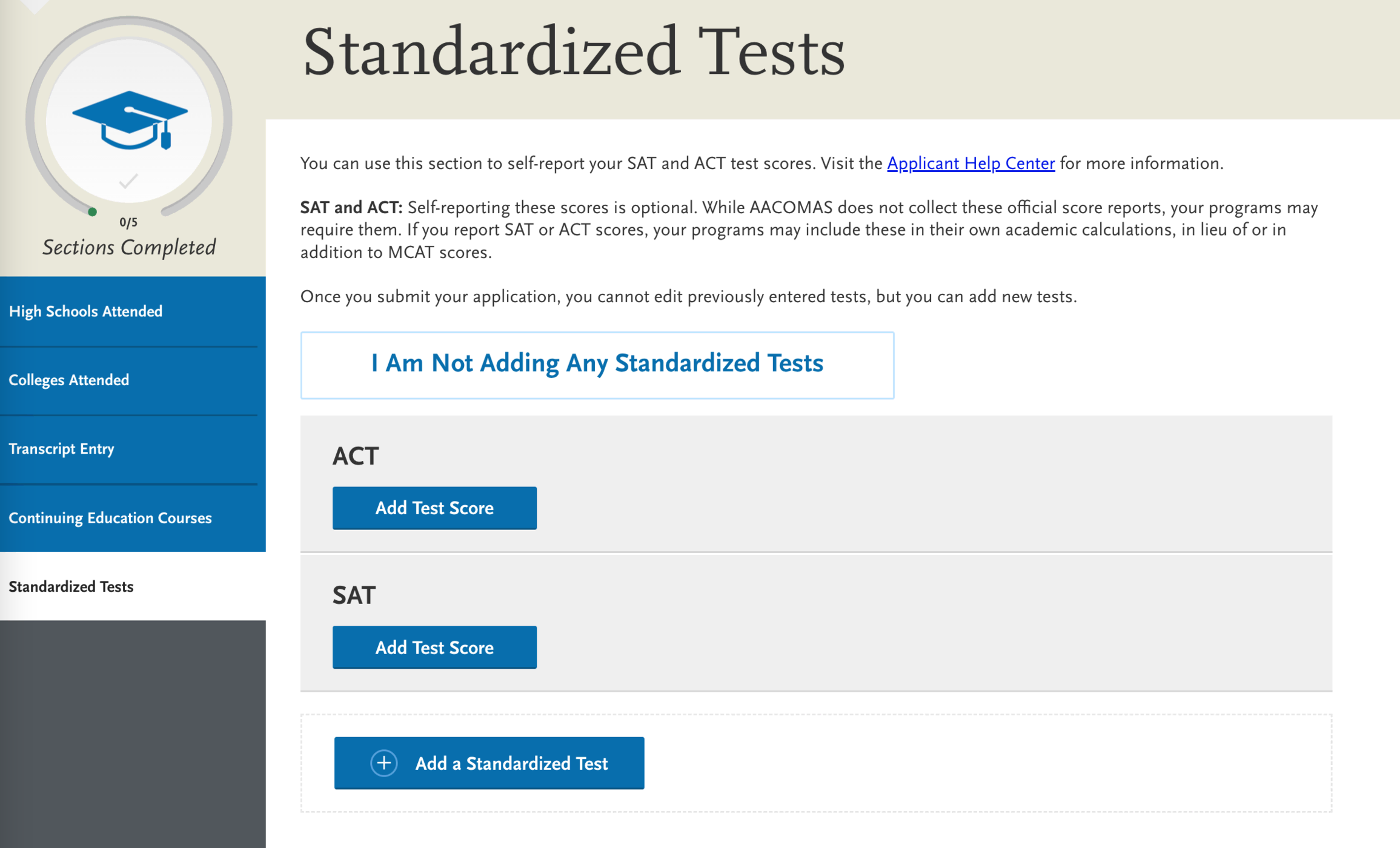 screenshot of AACOMAS application for DO applicants, standardized tests fields