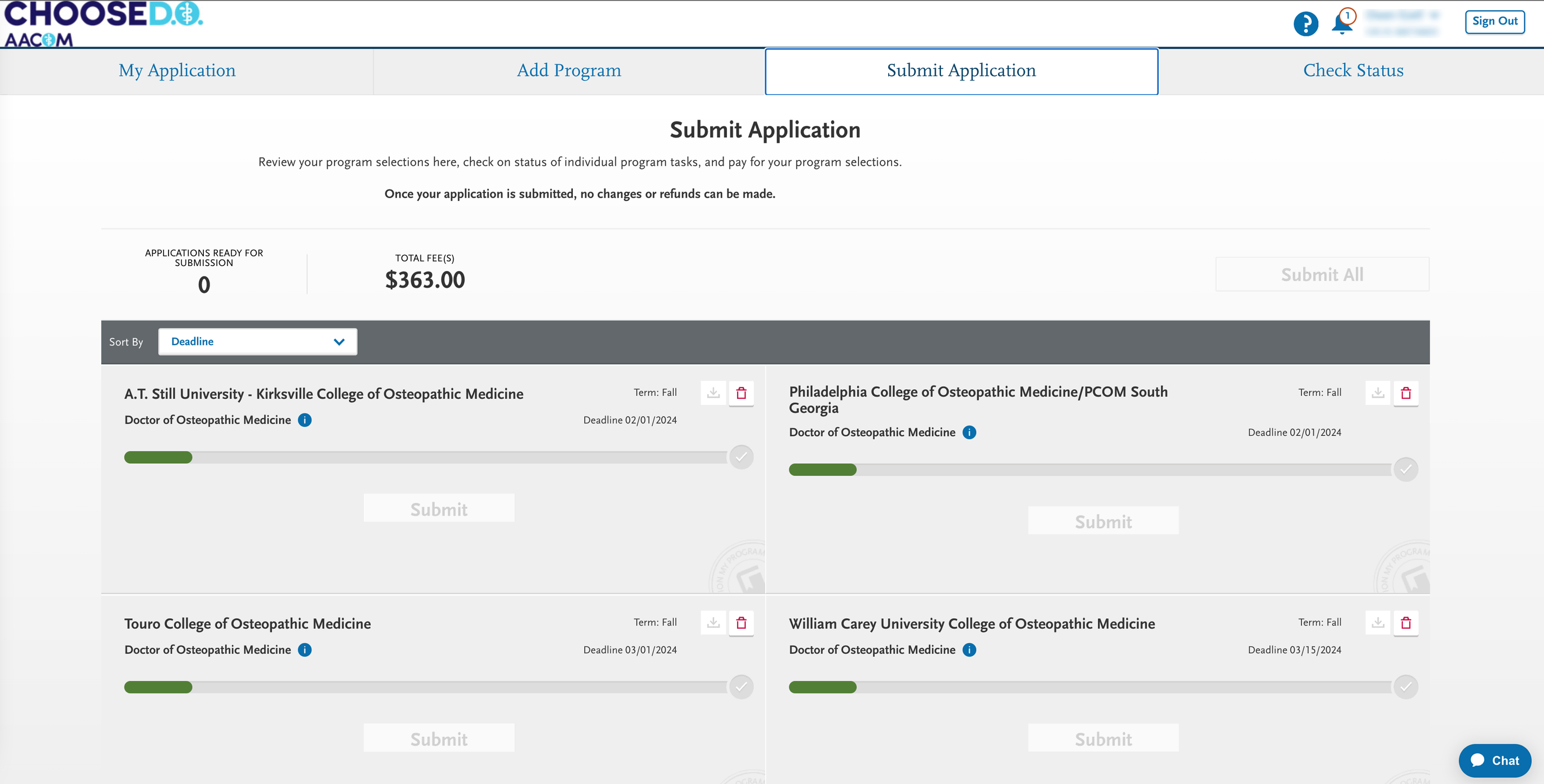 screenshot of AACOMAS application for DO applicants, payment and program confirmation page to submit application