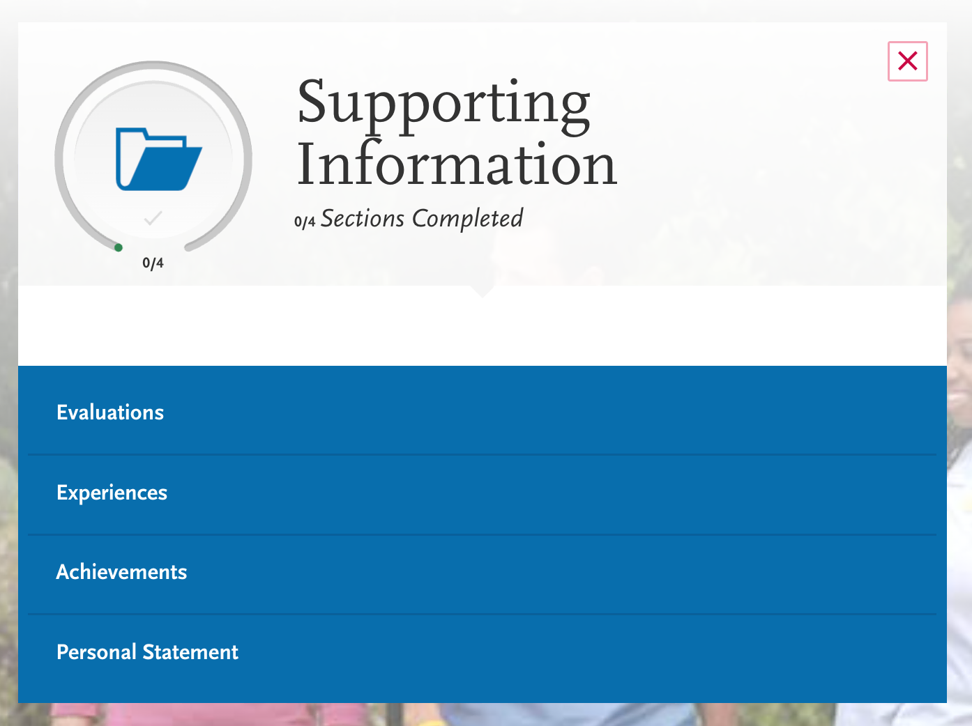 screenshot of AACOMAS application for DO applicants, supporting information 4 sections