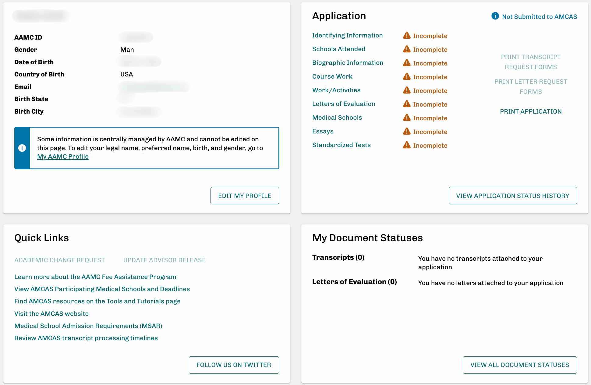 AMCAS 2024/25 application main menu before filling out