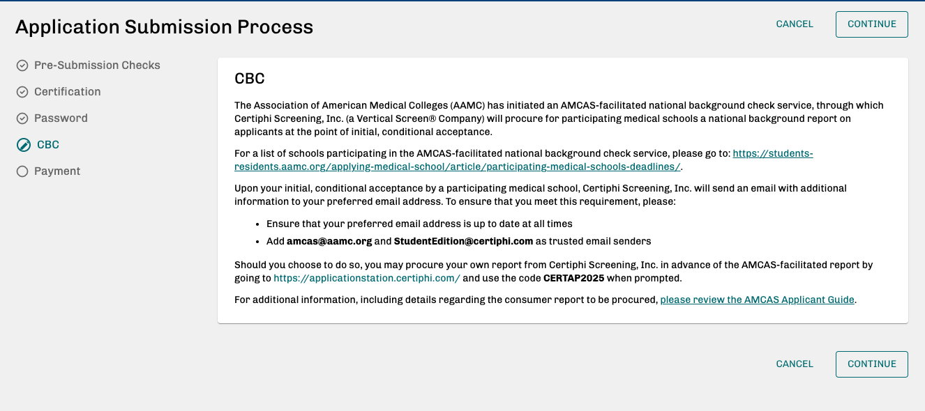 AMCAS criminal background check screenshot