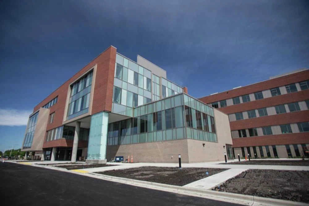 Front door street view entrance for the University of North Dakota School of Medicine and Health Sciences building.