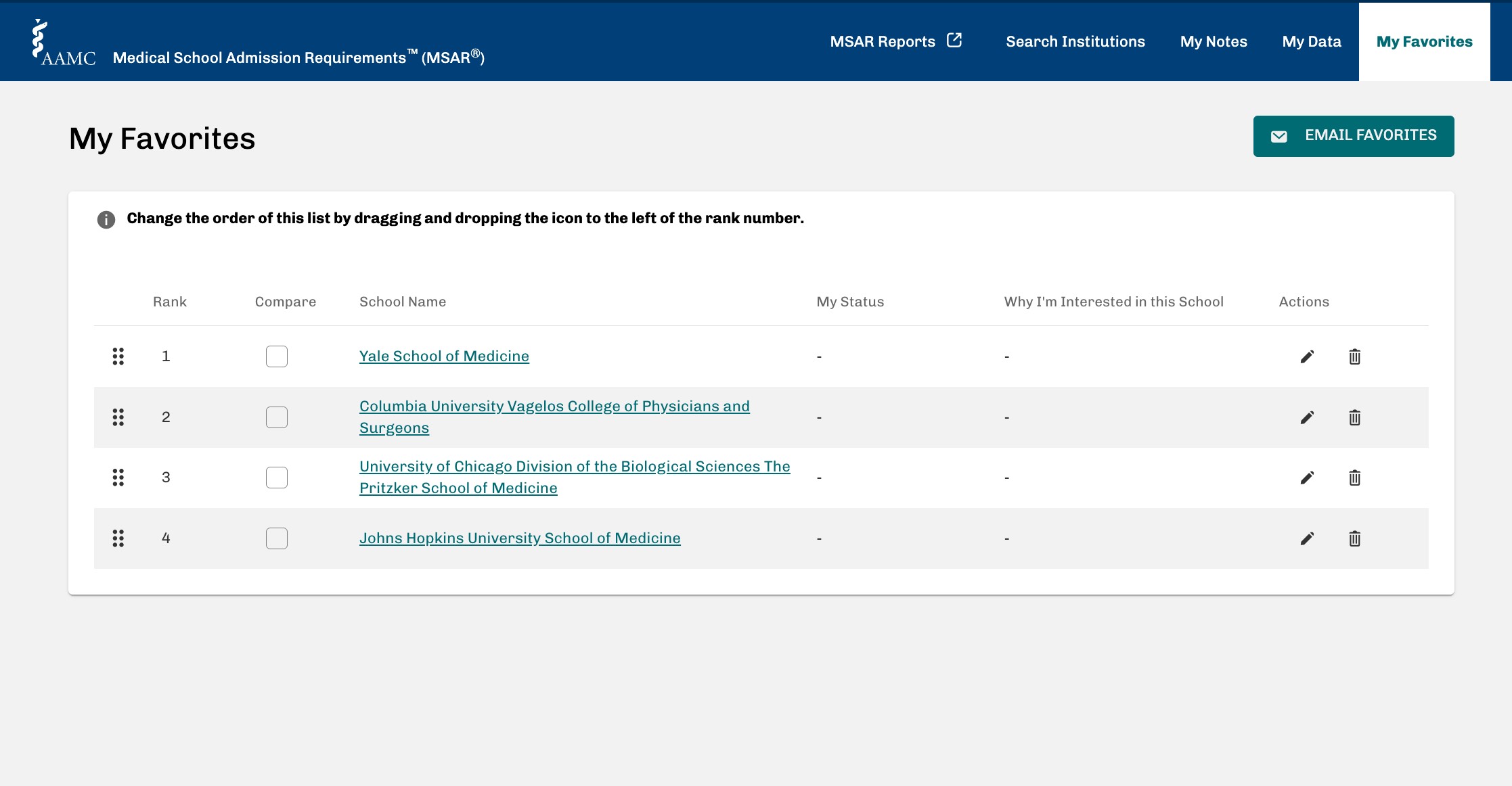 Screen Shots of schools to apply to.