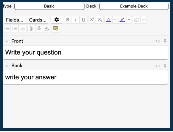 Create a basic front-and-back anki card step 2: write a question and answer